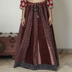 Brown - Bagh Block Printed Patchwork Cotton Long Skirt