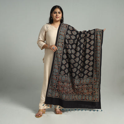 Black - Block Printed Cotton Ajrakh Dupatta 11