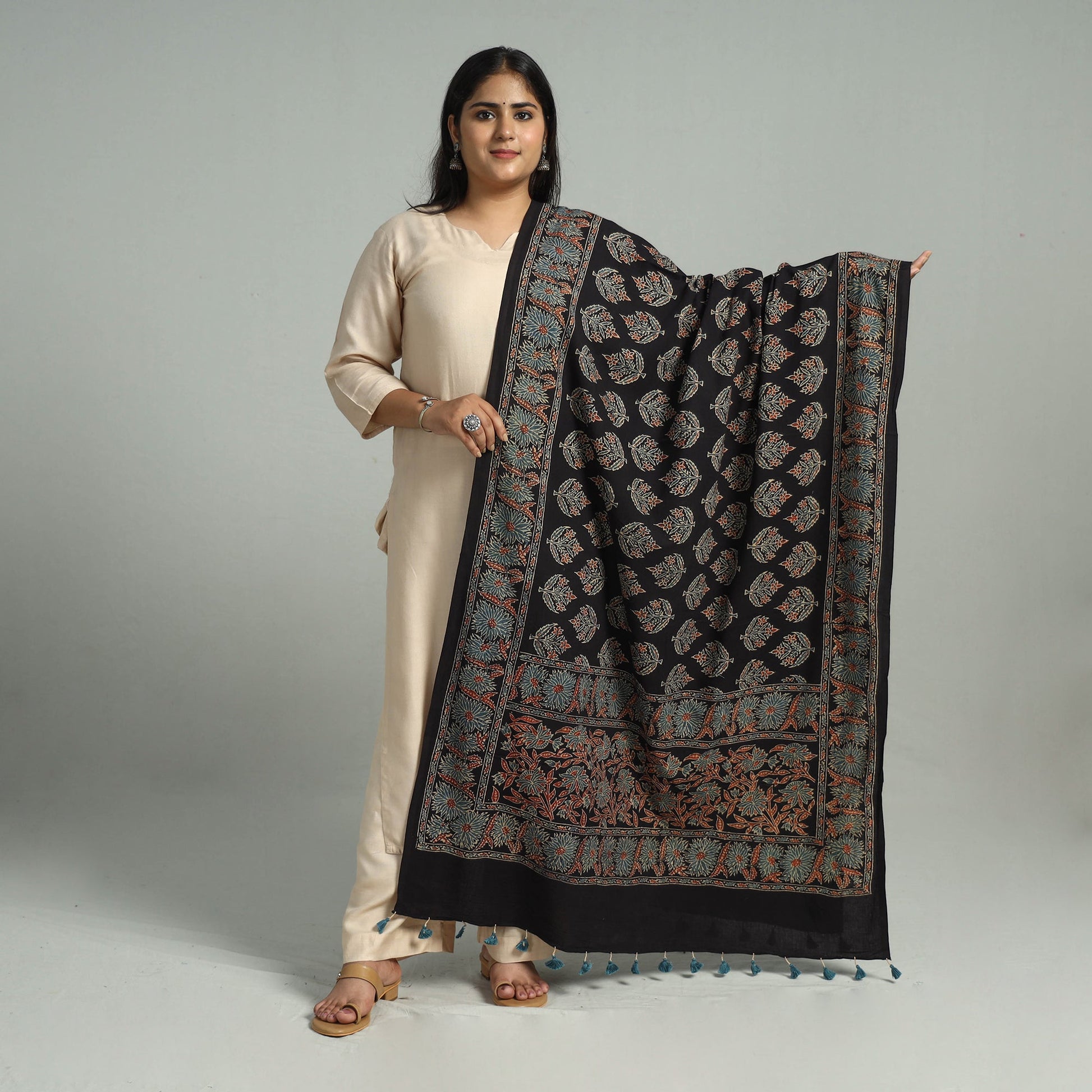 Black - Block Printed Cotton Ajrakh Dupatta 11