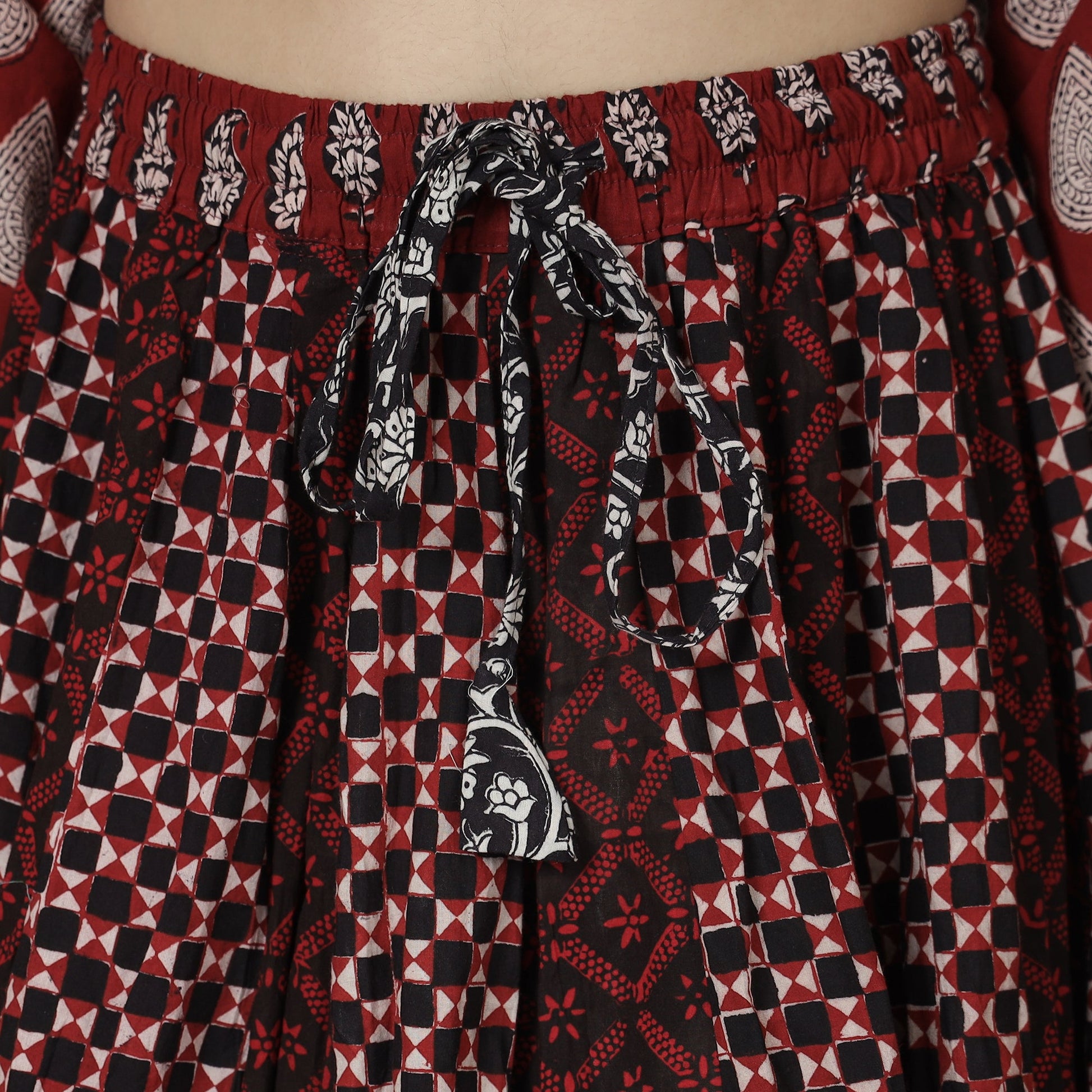 Brown - Bagh Block Printed Patchwork Cotton Long Skirt