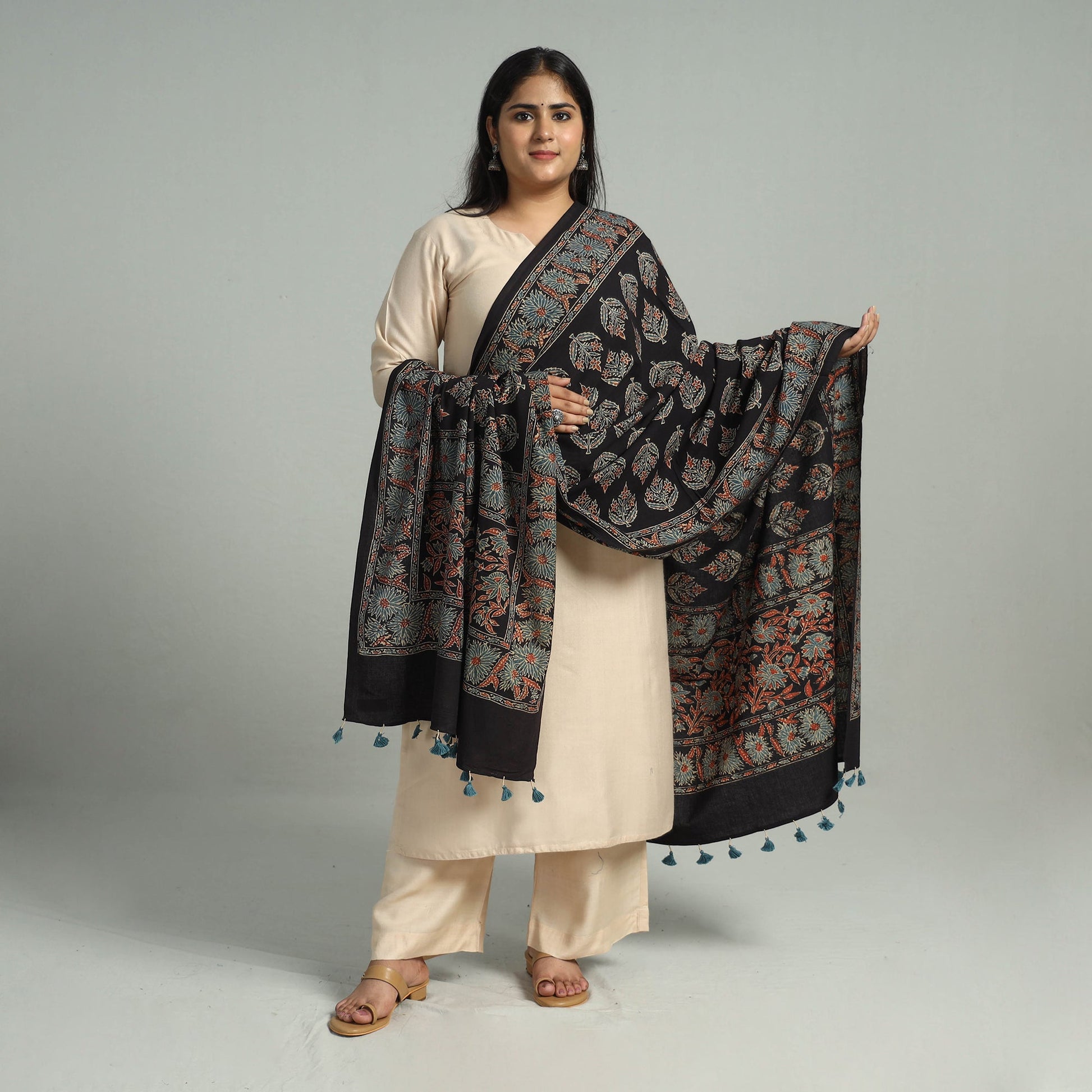 Black - Block Printed Cotton Ajrakh Dupatta 11