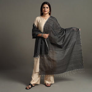 Black - Traditional Chanderi Silk Handloom Zari Buti Dupatta with Tassels 44