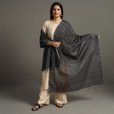 Black - Traditional Chanderi Silk Handloom Zari Buti Dupatta with Tassels 44