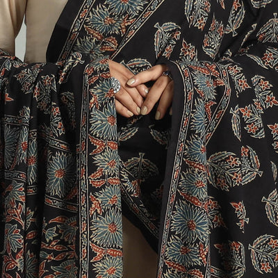 Black - Block Printed Cotton Ajrakh Dupatta 11