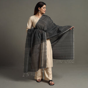 Black - Traditional Chanderi Silk Handloom Zari Buti Dupatta with Tassels 44