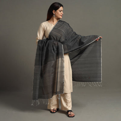 Black - Traditional Chanderi Silk Handloom Zari Buti Dupatta with Tassels 44