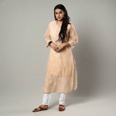 Beige Chikankari Hand Embroidered Silk Cotton Kurta with Inner & Pant Set