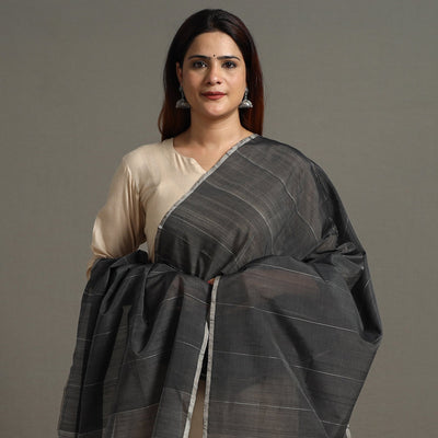 Black - Traditional Chanderi Silk Handloom Zari Buti Dupatta with Tassels 44