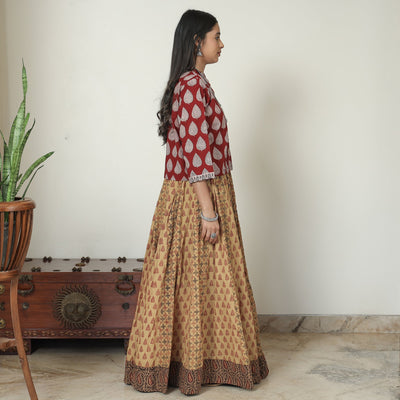 Brown - Bagh Block Printed Patchwork Cotton Long Skirt