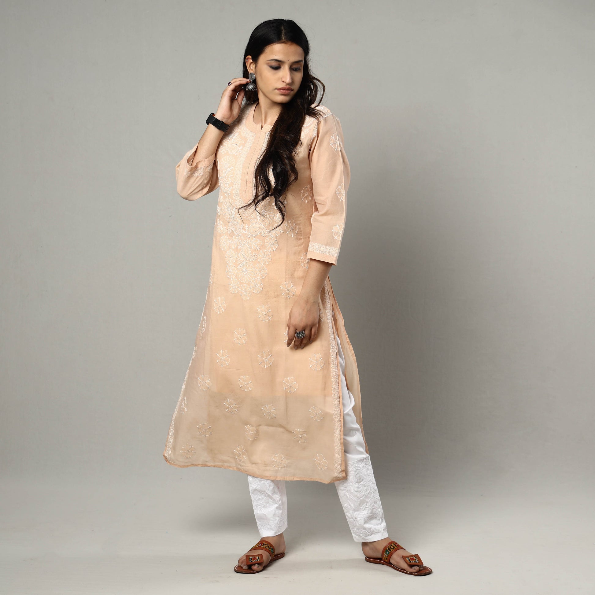 Beige Chikankari Hand Embroidered Silk Cotton Kurta with Inner & Pant Set