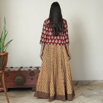 Brown - Bagh Block Printed Patchwork Cotton Long Skirt