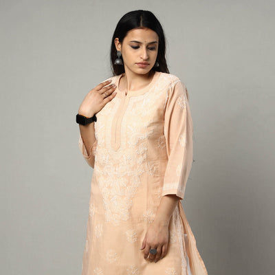 Beige Chikankari Hand Embroidered Silk Cotton Kurta with Inner & Pant Set