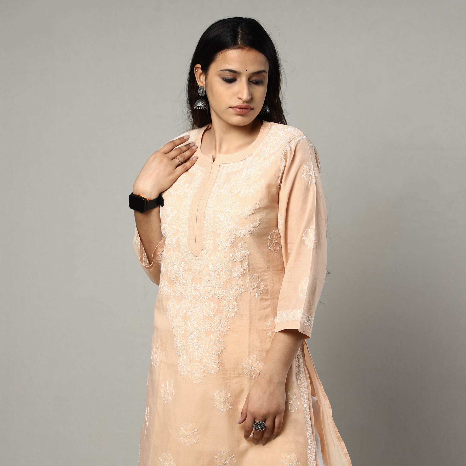 Beige Chikankari Hand Embroidered Silk Cotton Kurta with Inner & Pant Set