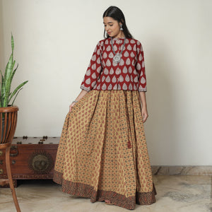 Brown - Bagh Block Printed Patchwork Cotton Long Skirt
