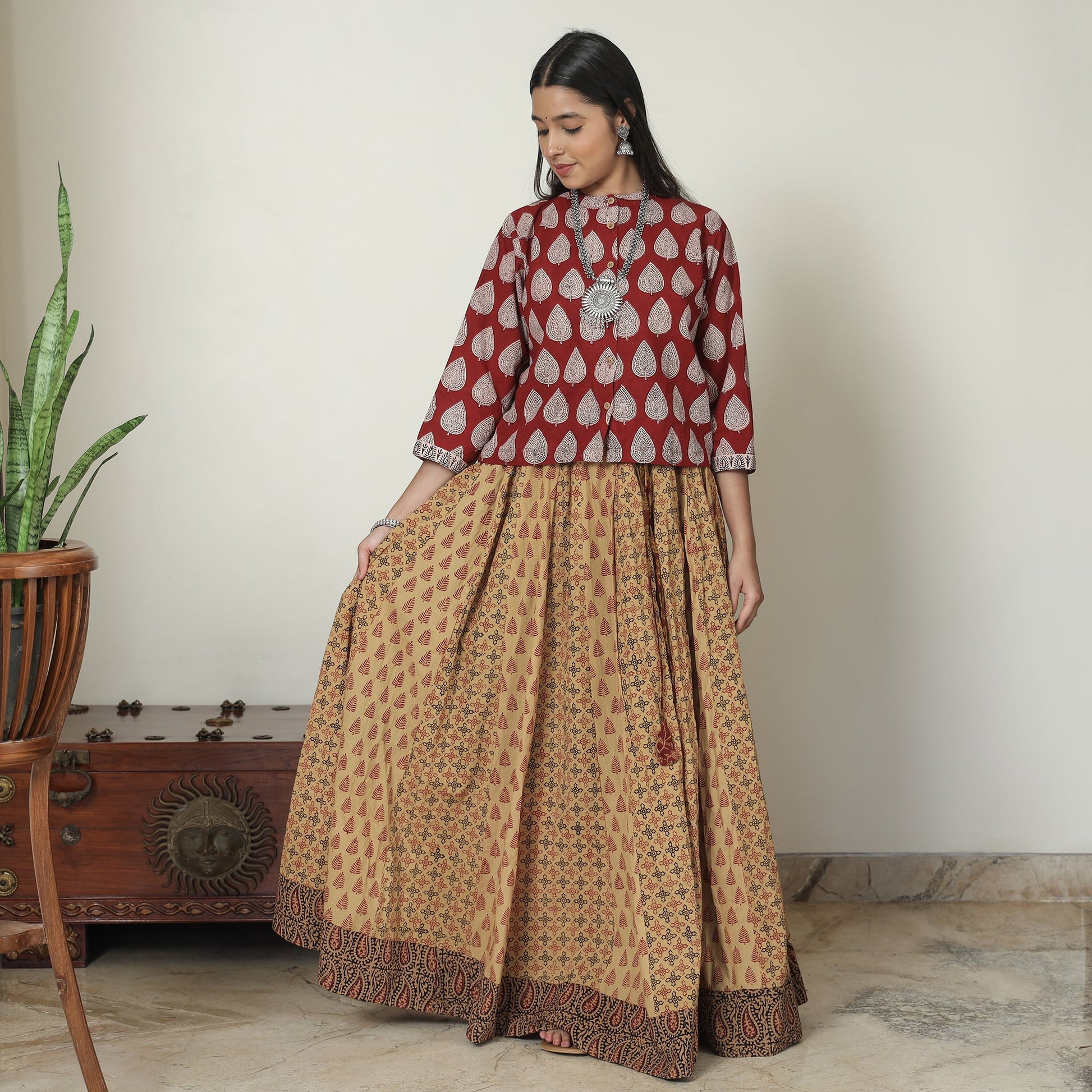 Brown - Bagh Block Printed Patchwork Cotton Long Skirt