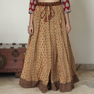 Brown - Bagh Block Printed Patchwork Cotton Long Skirt