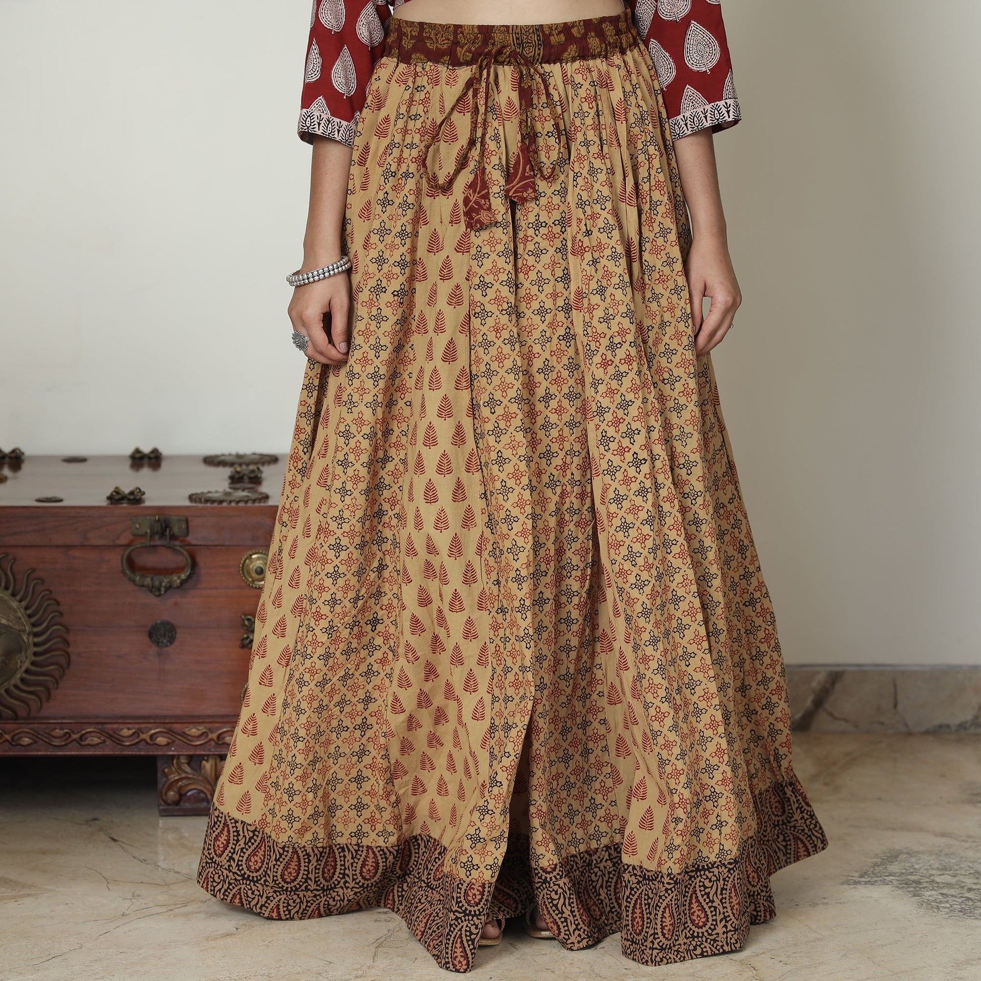 Brown - Bagh Block Printed Patchwork Cotton Long Skirt