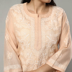 Beige Chikankari Hand Embroidered Silk Cotton Kurta with Inner & Pant Set