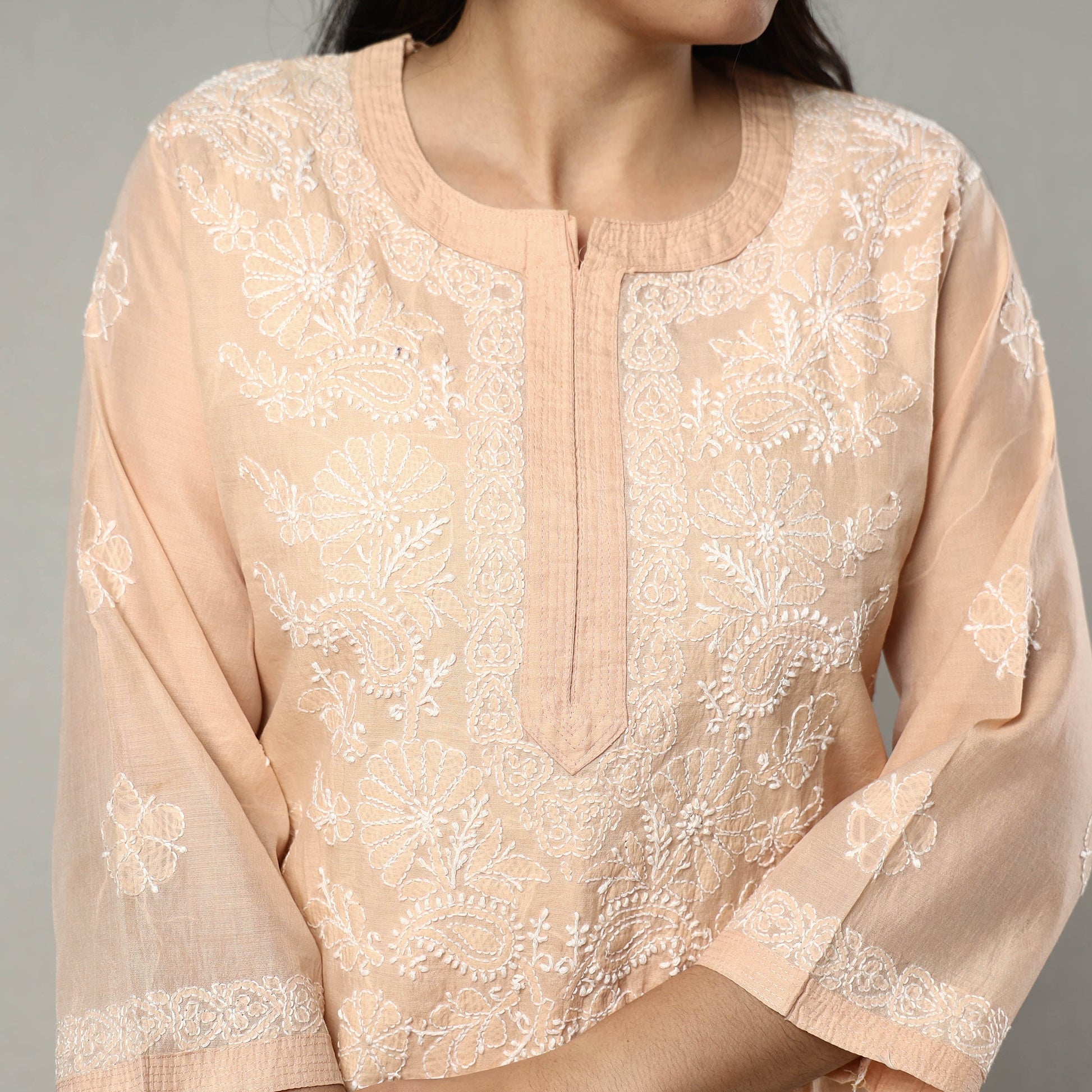Beige Chikankari Hand Embroidered Silk Cotton Kurta with Inner & Pant Set
