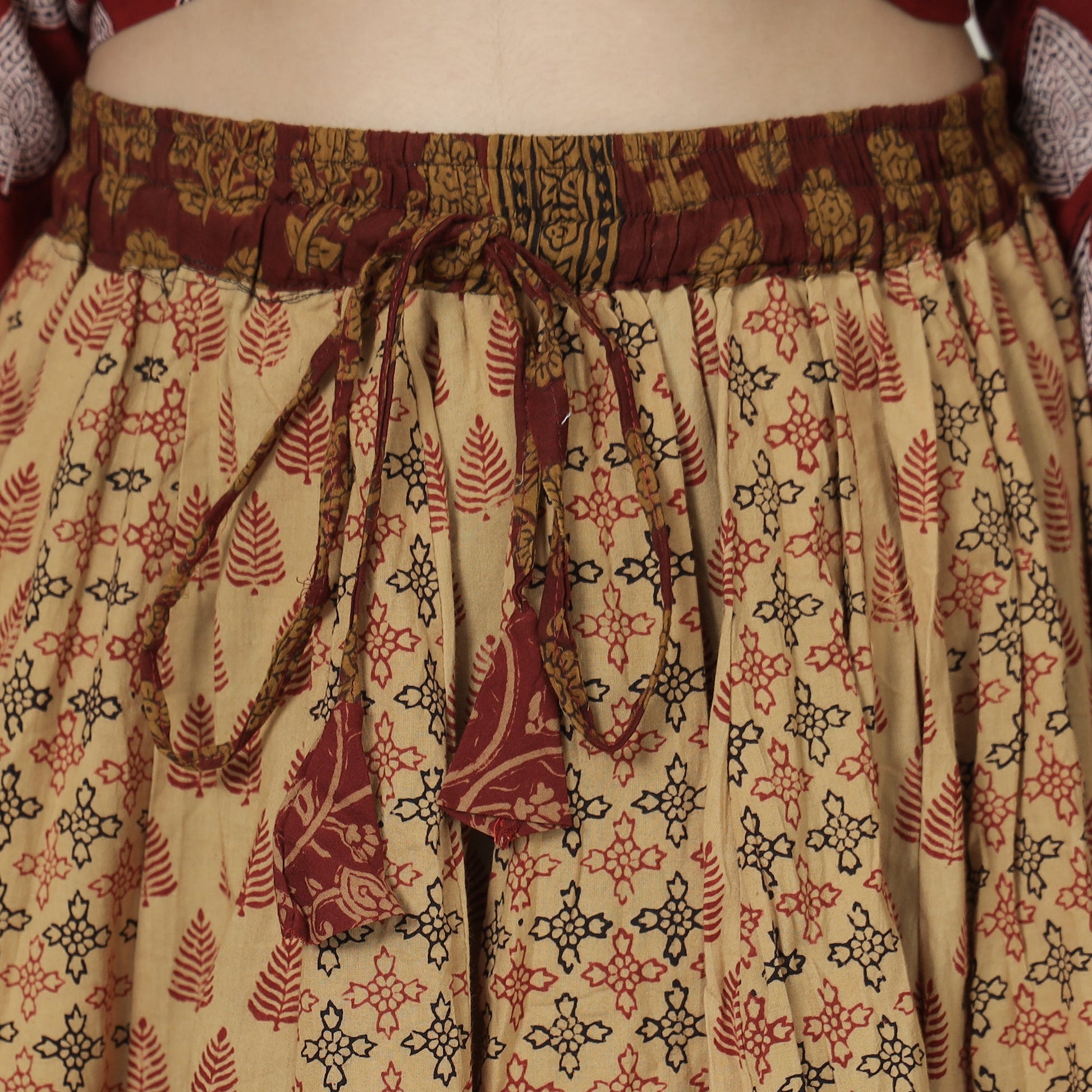 Brown - Bagh Block Printed Patchwork Cotton Long Skirt