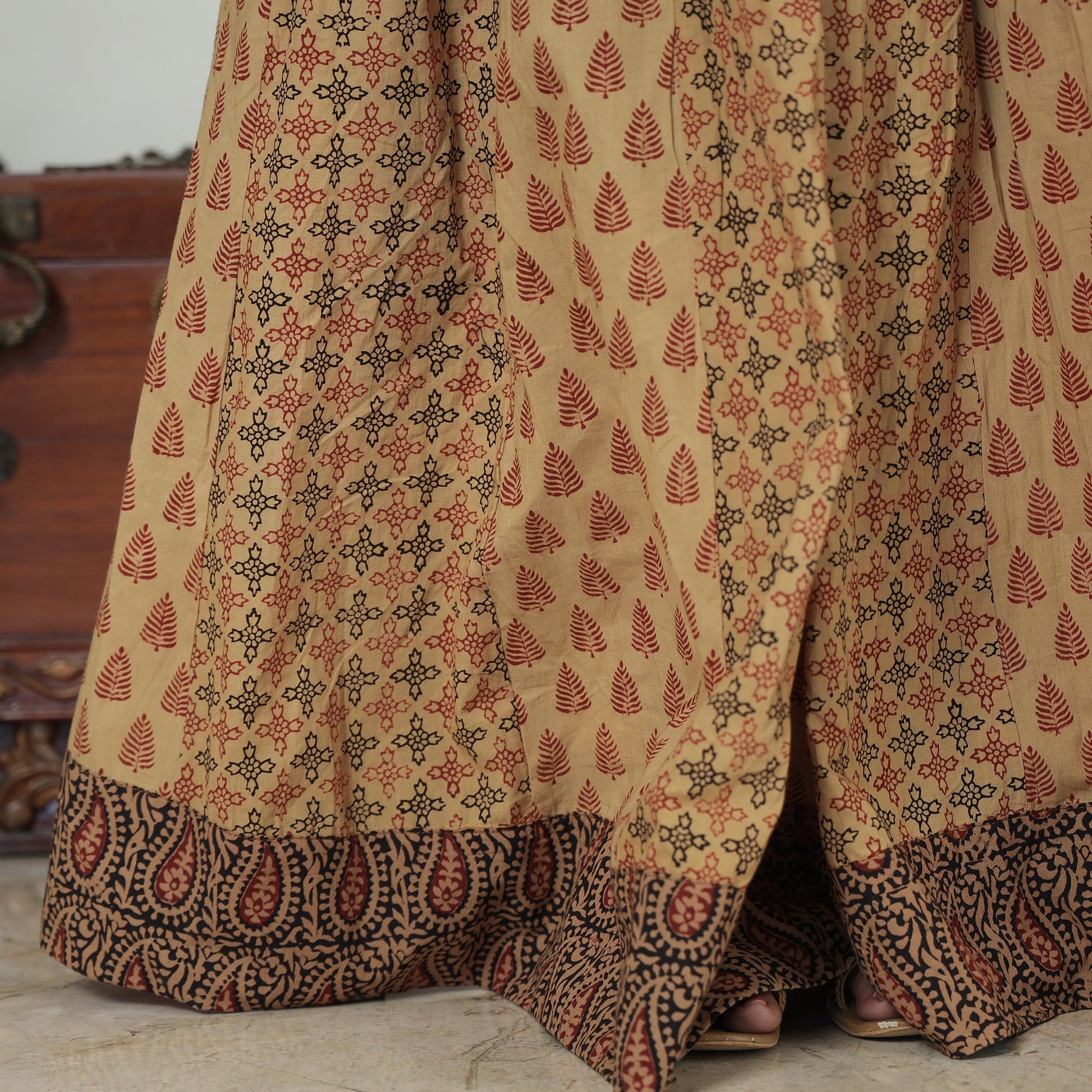 Brown - Bagh Block Printed Patchwork Cotton Long Skirt