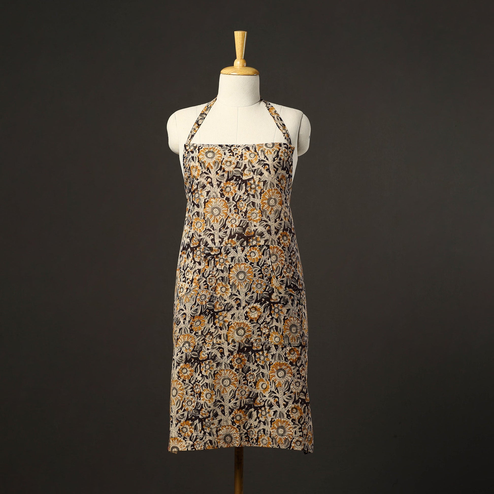Black - Kalamkari Block Print Cotton Apron with Pocket 44