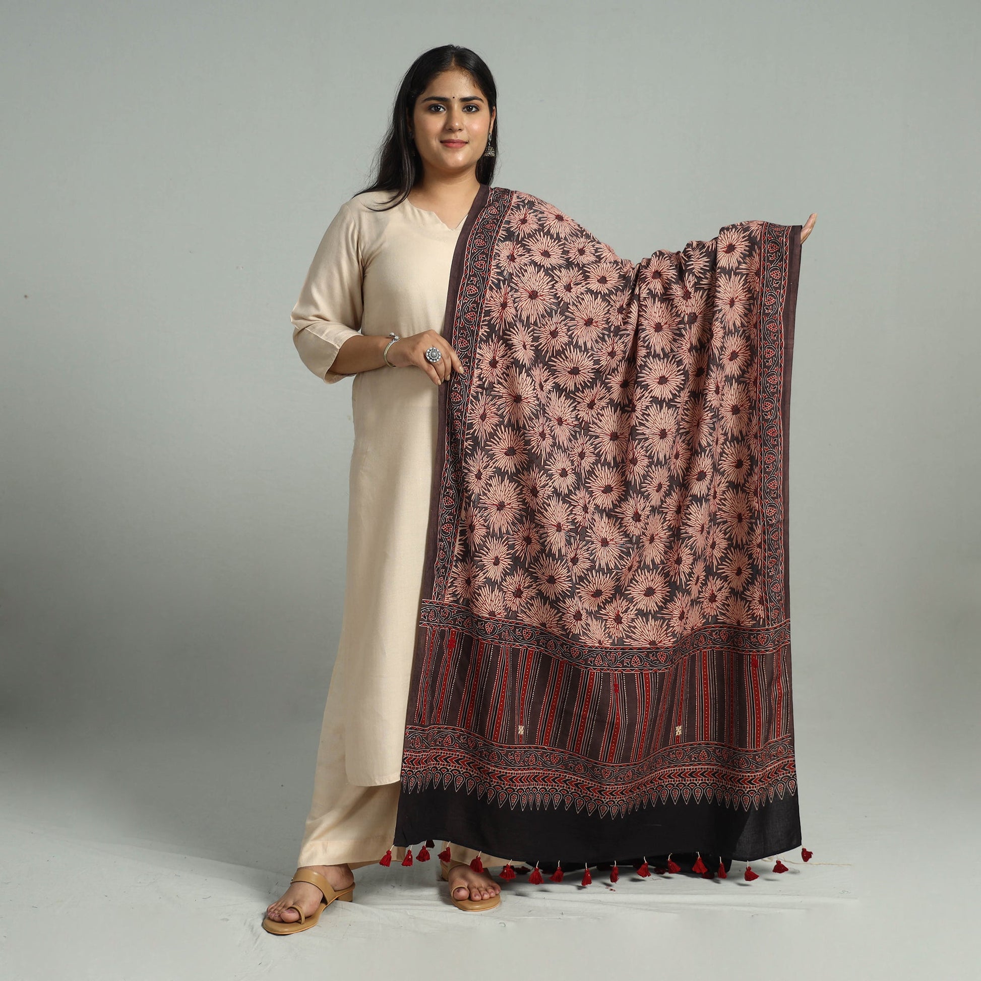 Brown - Block Printed Cotton Ajrakh Dupatta 20