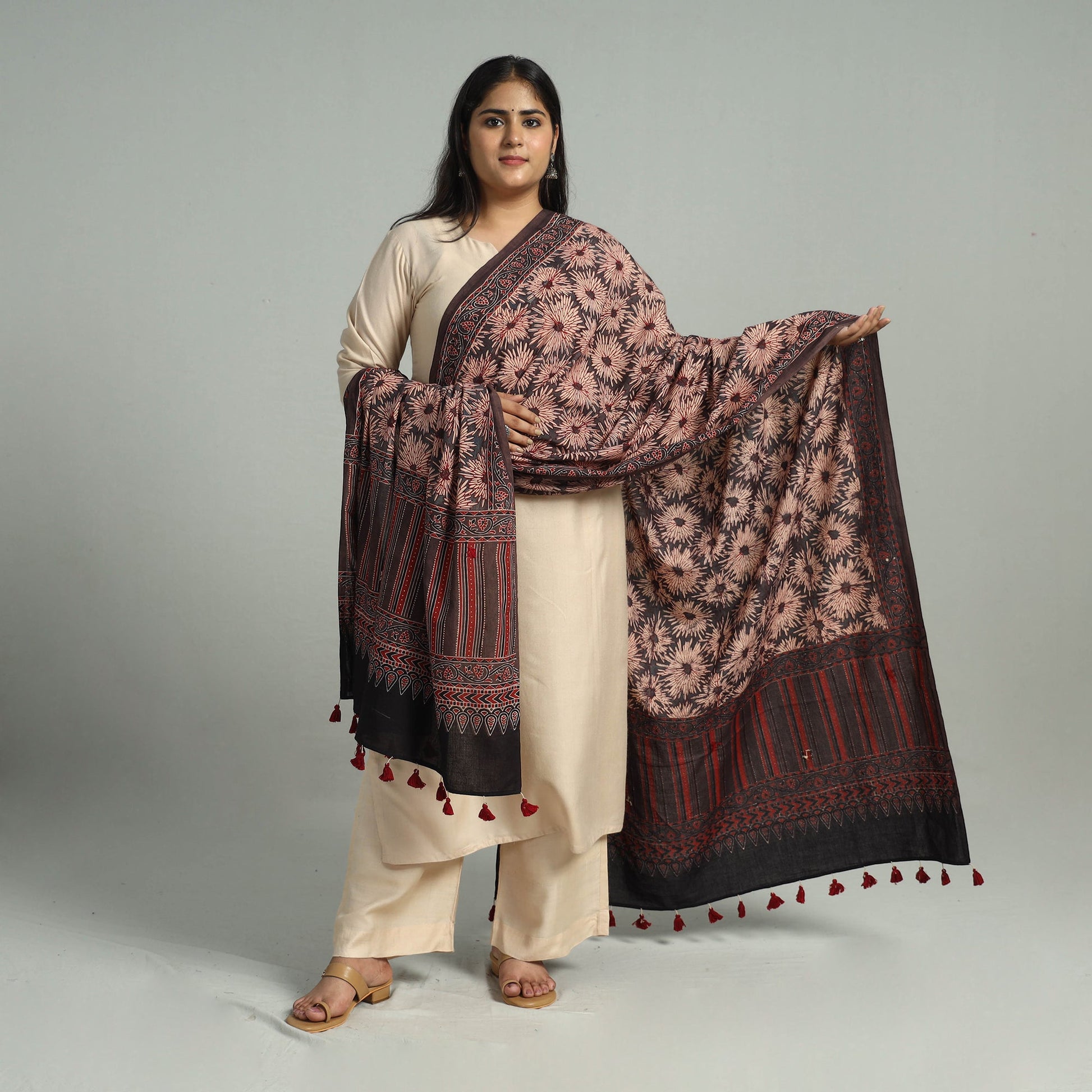 Brown - Block Printed Cotton Ajrakh Dupatta 20