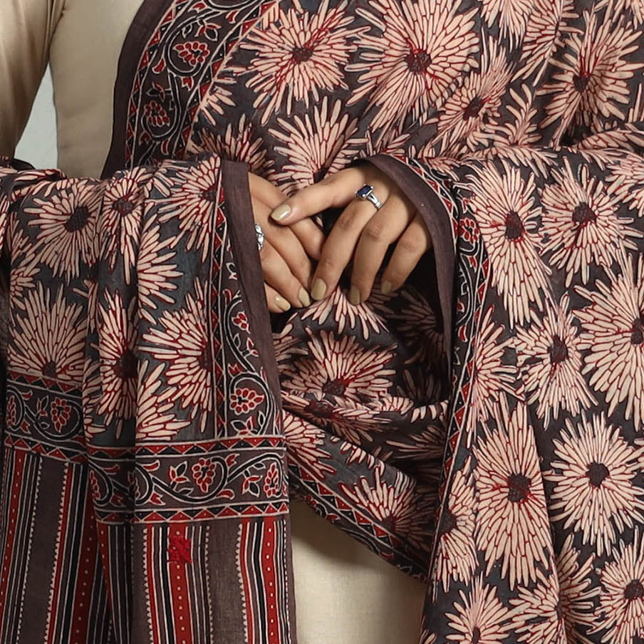Brown - Block Printed Cotton Ajrakh Dupatta 20