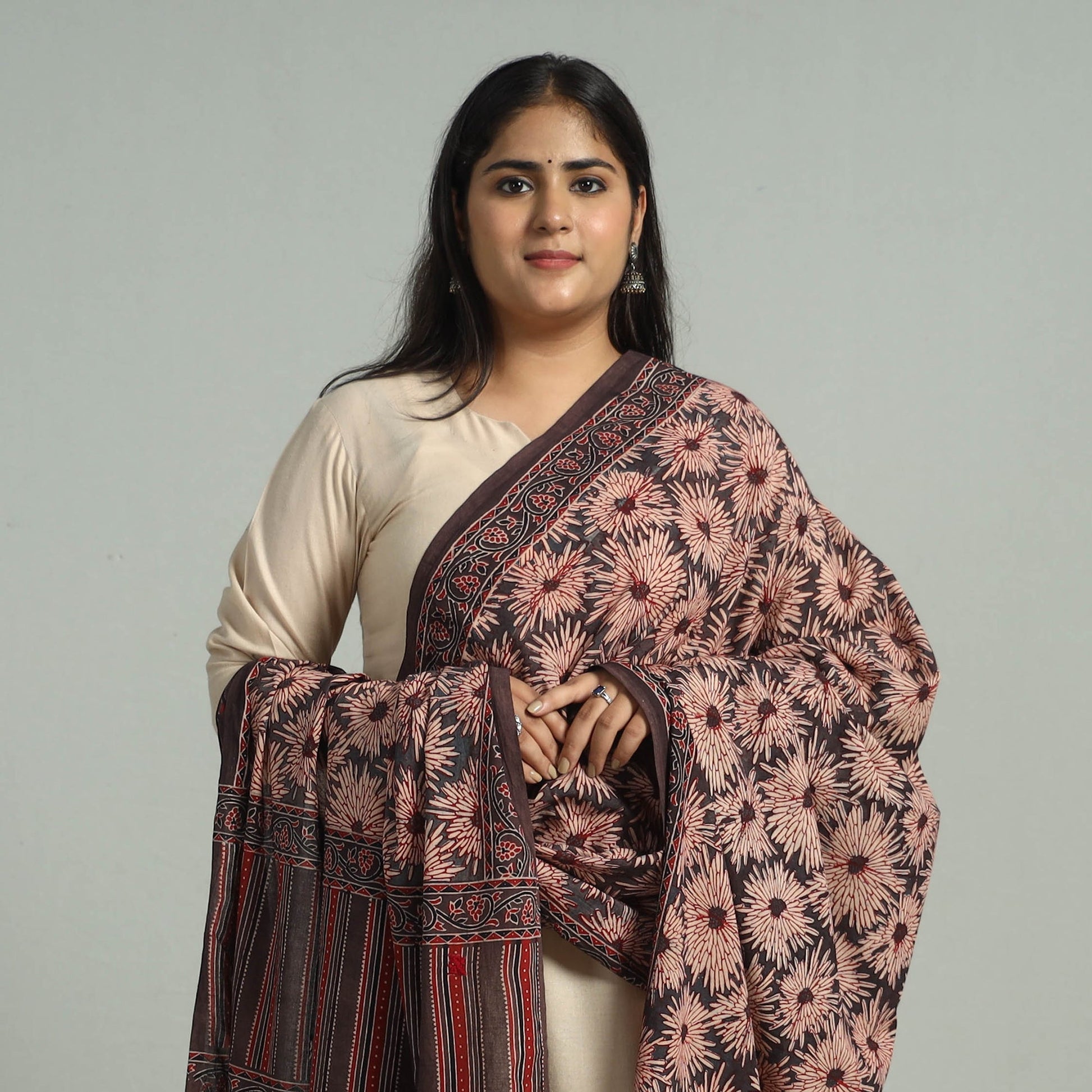 Brown - Block Printed Cotton Ajrakh Dupatta 20