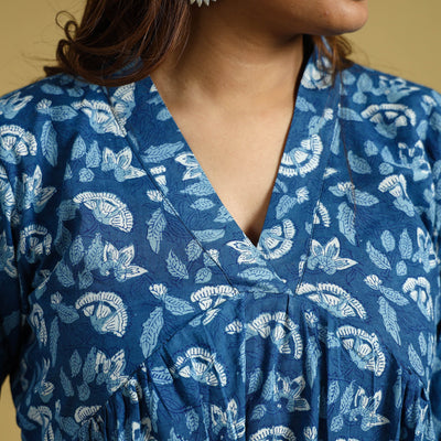 Blue - Dabu Block Printed Cotton Flared Gher Dress