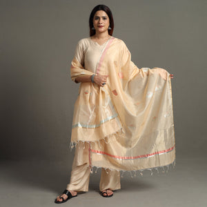 Beige - Traditional Chanderi Silk Handloom Diamond Meena Buta Dupatta 54