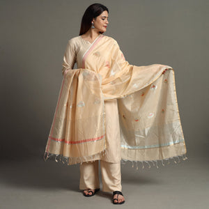 Beige - Traditional Chanderi Silk Handloom Diamond Meena Buta Dupatta 54