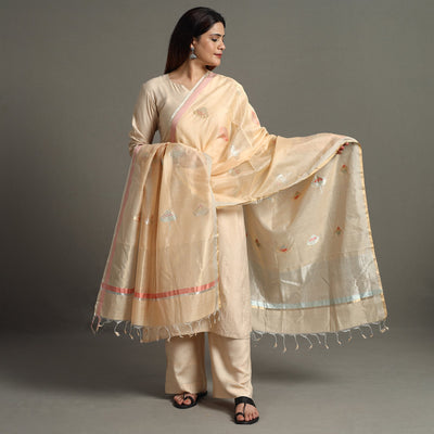 Beige - Traditional Chanderi Silk Handloom Diamond Meena Buta Dupatta 54