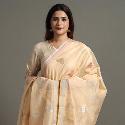 Beige - Traditional Chanderi Silk Handloom Diamond Meena Buta Dupatta 54