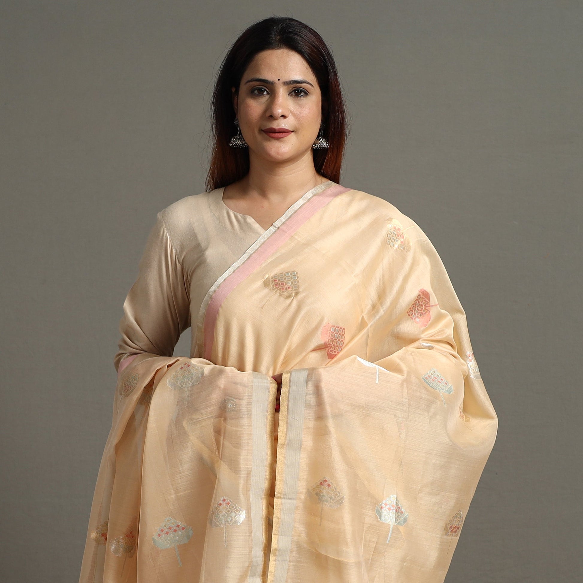 Beige - Traditional Chanderi Silk Handloom Diamond Meena Buta Dupatta 54
