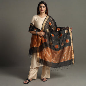 Black - Traditional Chanderi Silk Handloom Big Flower Zari Buta Dupatta 60