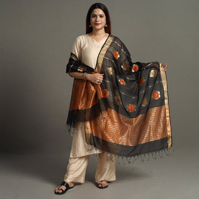 Black - Traditional Chanderi Silk Handloom Big Flower Zari Buta Dupatta 60