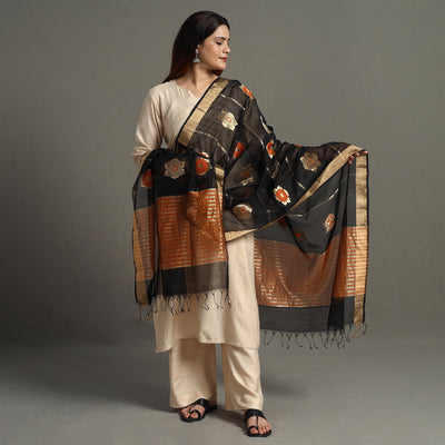 Black - Traditional Chanderi Silk Handloom Big Flower Zari Buta Dupatta 60
