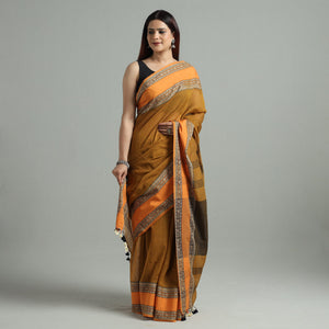 Brown - Bengal Woven Border Handloom Pure Cotton Saree 60