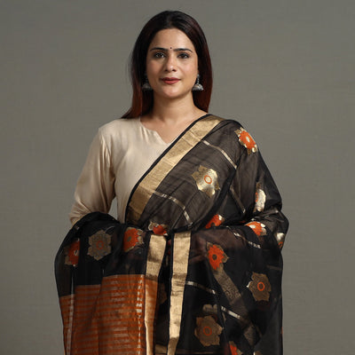Black - Traditional Chanderi Silk Handloom Big Flower Zari Buta Dupatta 60