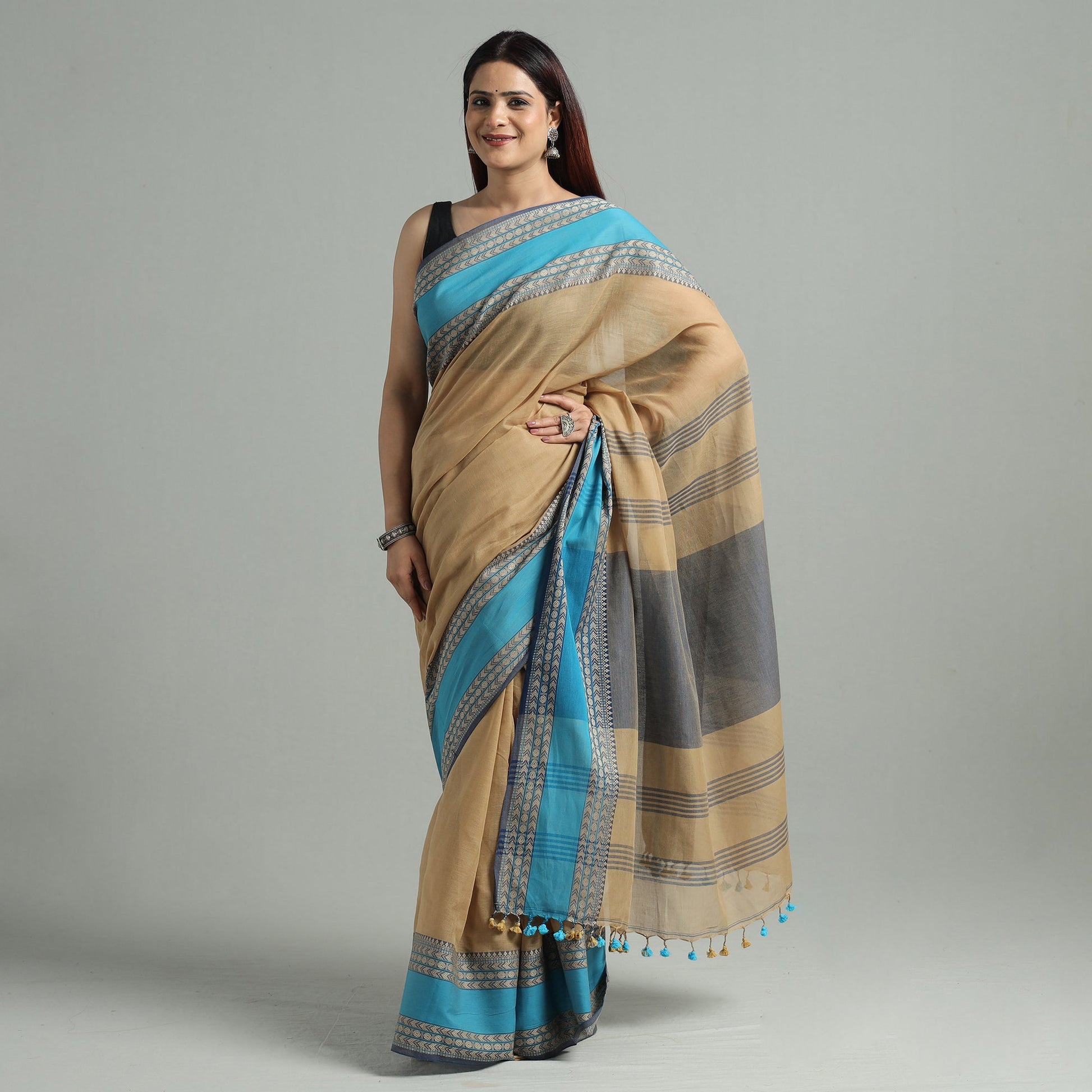 Brown - Bengal Woven Border Handloom Pure Cotton Saree 61