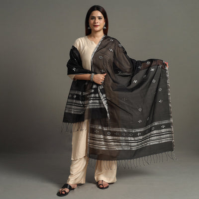 Black - Traditional Chanderi Silk Handloom Zari Buti Dupatta 63