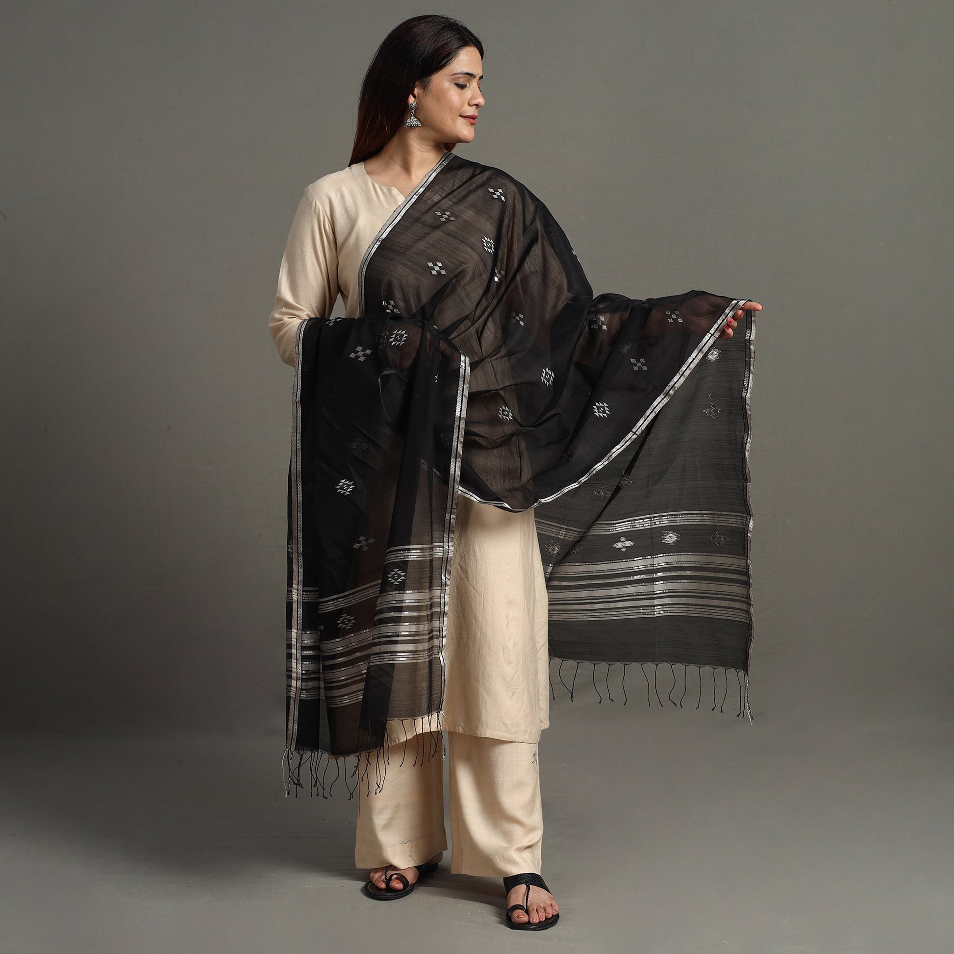 Black - Traditional Chanderi Silk Handloom Zari Buti Dupatta 63