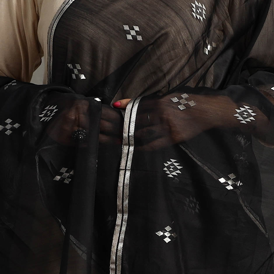 Black - Traditional Chanderi Silk Handloom Zari Buti Dupatta 63
