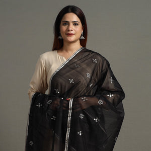 Black - Traditional Chanderi Silk Handloom Zari Buti Dupatta 63