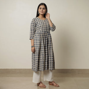Beige - Ajrakh Block Printed Cotton Flared Kurta 02
