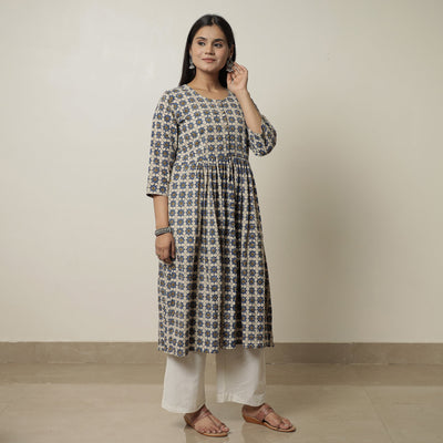 Beige - Ajrakh Block Printed Cotton Flared Kurta 02