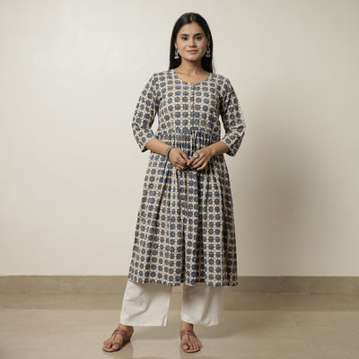 Beige - Ajrakh Block Printed Cotton Flared Kurta 02