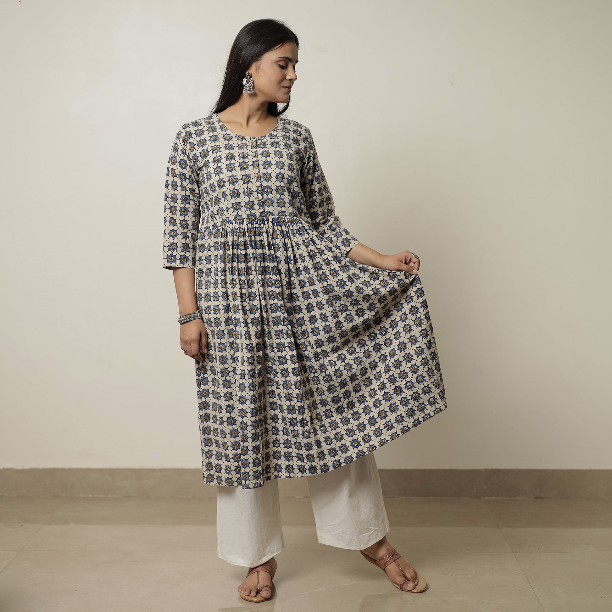 Beige - Ajrakh Block Printed Cotton Flared Kurta 02